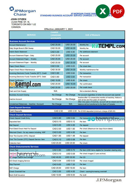 Canada JP Morgan Chase proof of address bank statement template in Excel and PDF format (AutoSum)