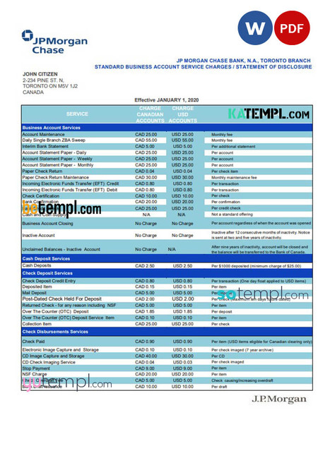 Canada JP Morgan Chase proof of address bank statement template in Word and PDF format