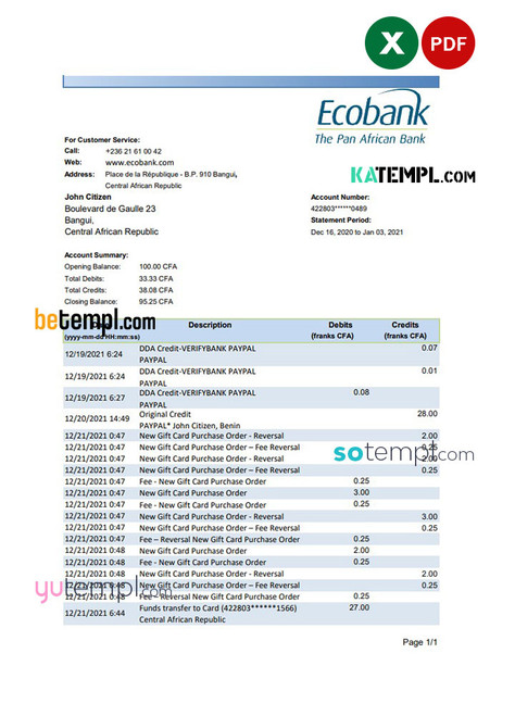 Central African Republic Ecobank bank statement easy to fill template in .xls and .pdf file format (AutoSum)