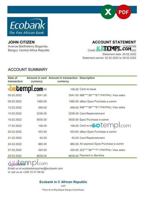 Central African Republic Ecobank bank statement Excel and PDF template (AutoSum)