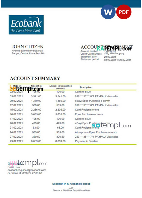 Central African Republic Ecobank bank statement template in Word and PDF format