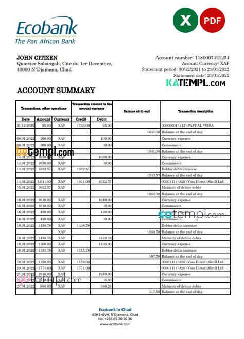 Chad Ecobank bank statement Excel and PDF template, completely editable (AutoSum)