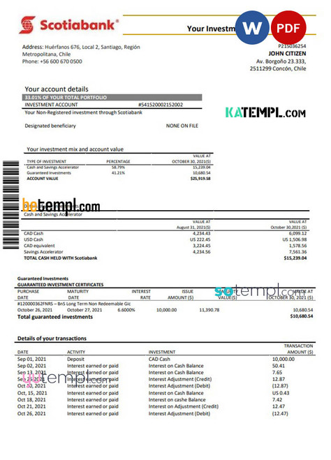 Chile Scotiabank statement template in Word and PDF format fully editable, good for address prove