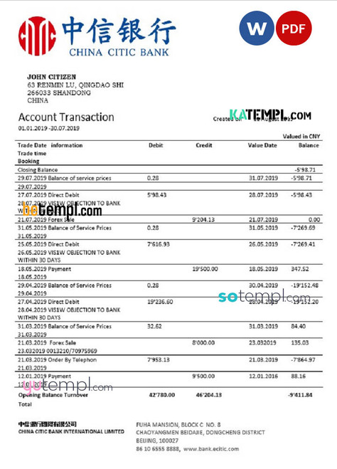 China Citic Bank Corp bank statement template in Word and PDF format