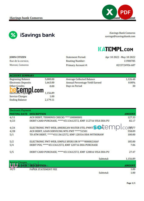 Comoros iSavings bank statement Excel and PDF template, completely editable (AutoSum)