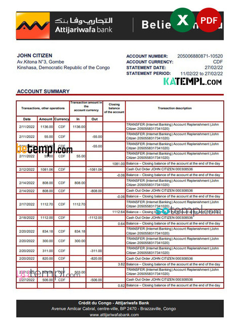 Congo Credit du Congo bank statement Excel and PDF template (AutoSum)