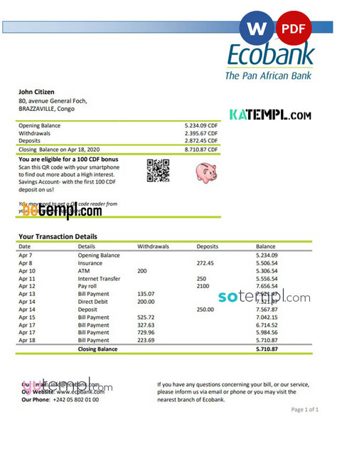 Congo Ecobank bank statement template in Word and PDF (.doc and .pdf) format