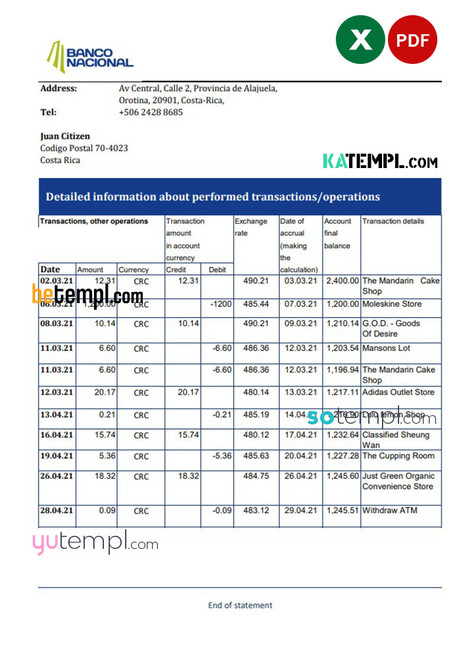 Costa Rica Banco Nacional bank statement easy to fill template in .xls and .pdf file format