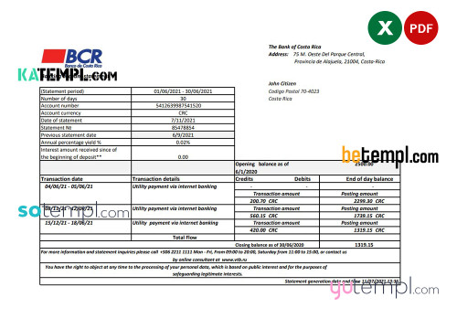 Costa Rica The Bank of Costa Rica bank statement easy to fill template in Excel and PDF format