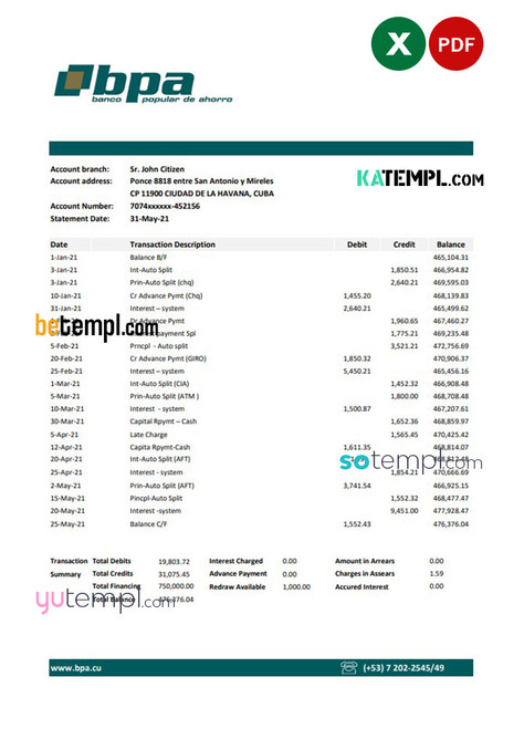 Cuba Banco Popular de Ahorro (BPA) bank statement easy to fill template in Excel and PDF format