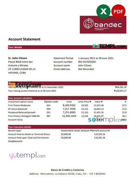 Cuba Bandec Banco de Credito y Comercio bank statement easy to fill template in .xls and .pdf file format