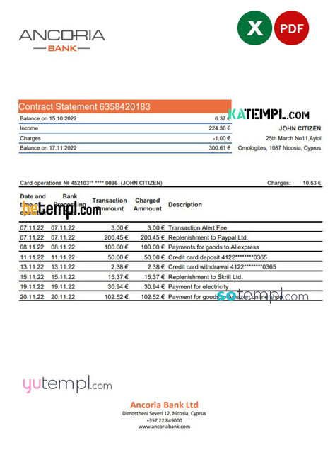 Cyprus Ancoria bank statement Excel and PDF template