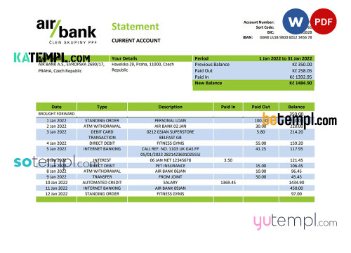 Czechia Air bank statement template in Word and PDF format