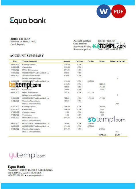 Czechia Equabank bank statement template in Word and PDF format