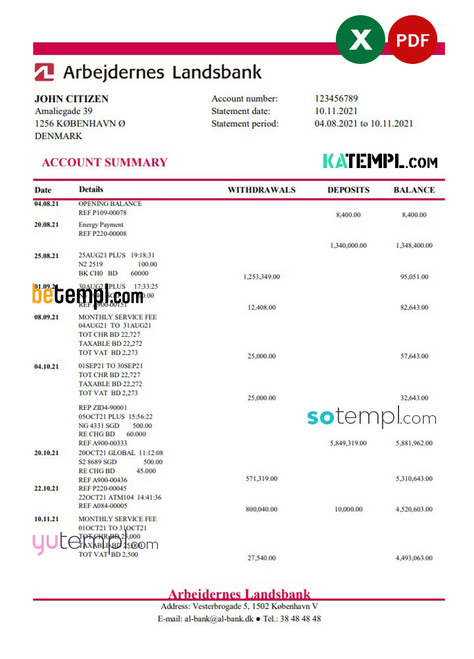 Denmark Arbejdernes Landsbank bank statement easy to fill template in Excel and PDF format