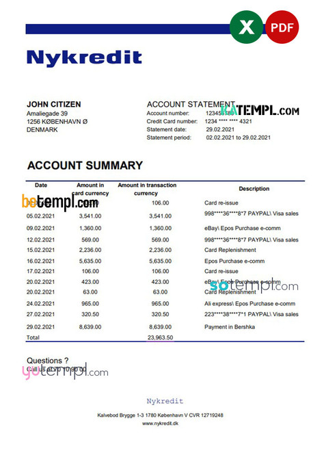Denmark Nykredit bank statement easy to fill template in .xls and .pdf file format