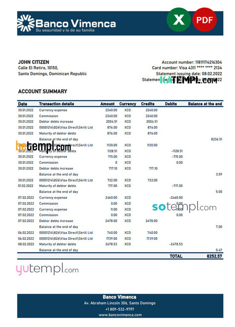 Dominican Republic Banco Vimenca bank statement Excel and PDF template