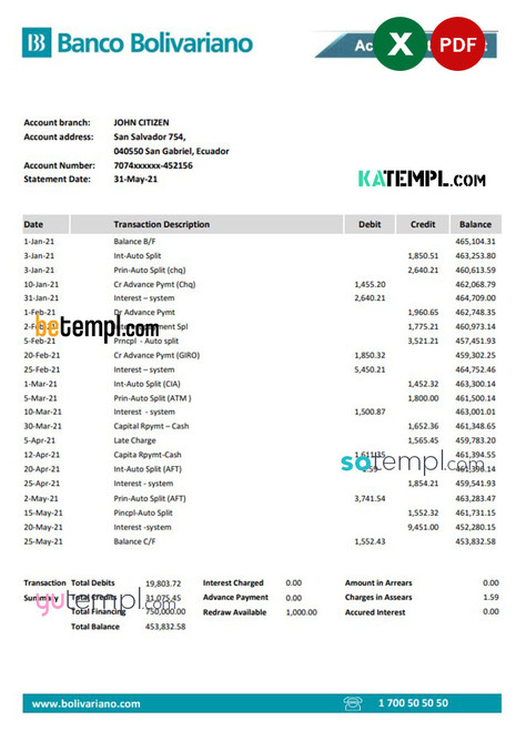 Ecuador Banco Bolivariano bank statement easy to fill template in .xls and .pdf file format