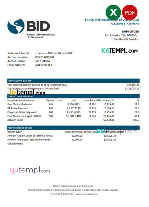Ecuador Banco Interamericano de Desarrollo BID bank statement easy to fill template in .xls and .pdf file format