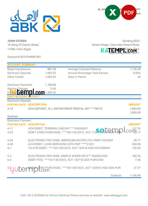 Egypt Al Ahli Bank of Kuwait bank statement easy to fill template in Excel and PDF format