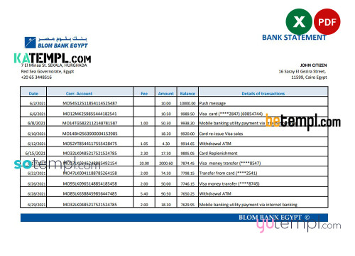 Egypt Blom Bank of Egypt bank statement easy to fill template in Excel and PDF format