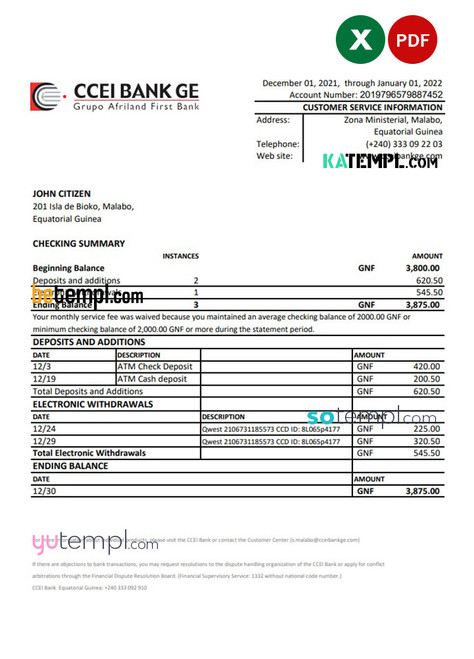 Equatorial Guinea CCEI Bank statement Excel and PDF template