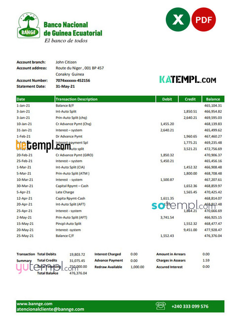 Equatorial Guinea The National Bank statement template in Excel and PDF format