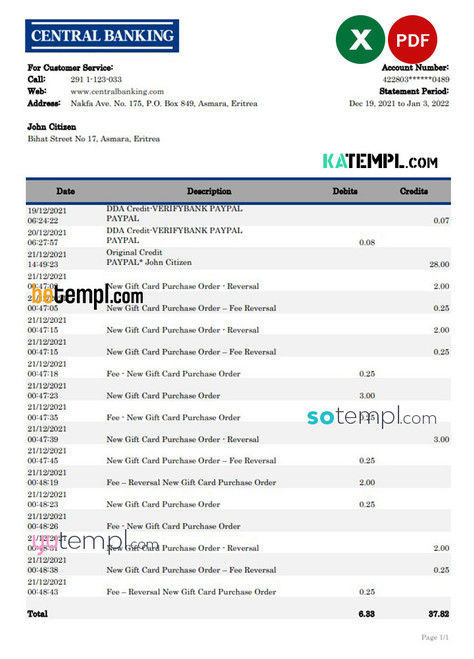 Eritrea Central bank statement Excel and PDF template