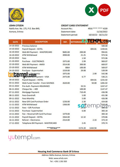 Eritrea Housing and Commerce bank statement Excel and PDF template