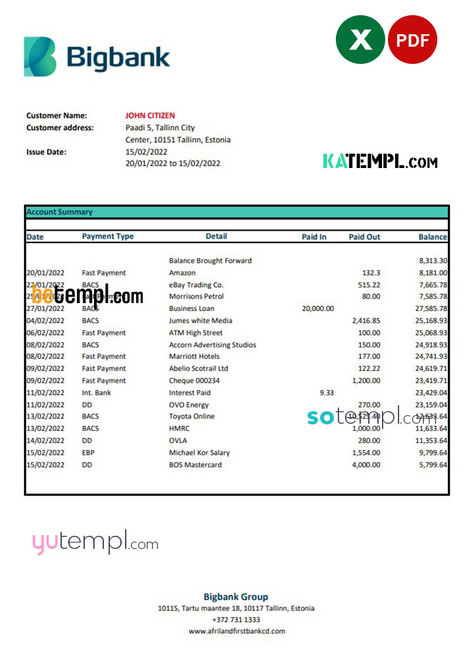 Estonia Bigbank bank statement Excel and PDF template