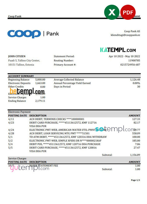 Estonia Coop Pank bank statement Excel and PDF template