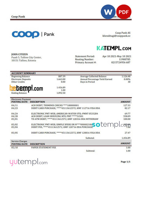 Estonia Coop Pank proof of address bank statement template in Word and PDF format