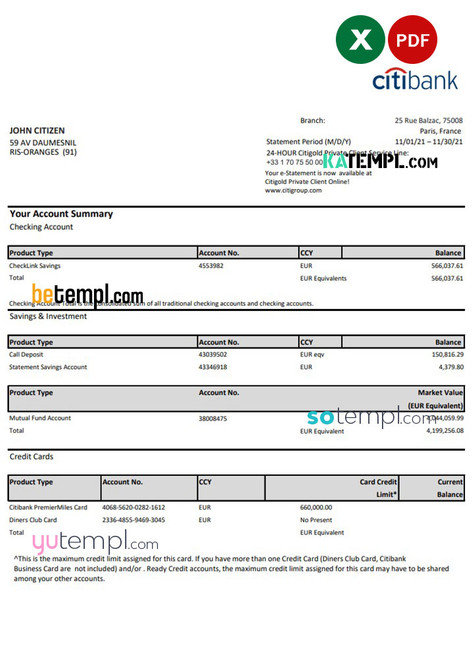 France Citibank bank statement template in .xls and .pdf file format