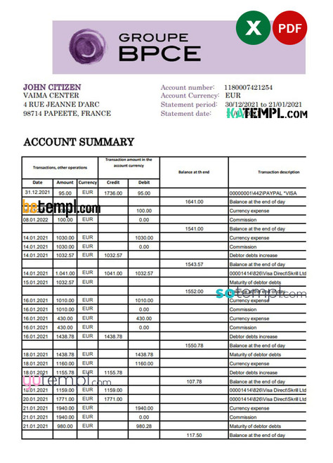 France Groupe BPCE bank statement easy to fill template in Excel and PDF format