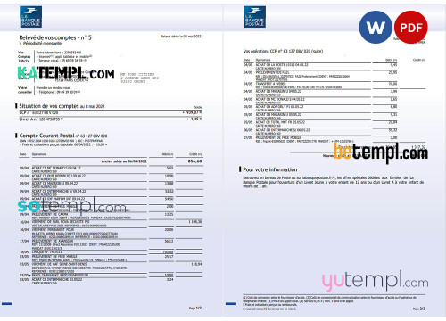 France La Banque Postale bank statement Word and PDF template, 3 pages