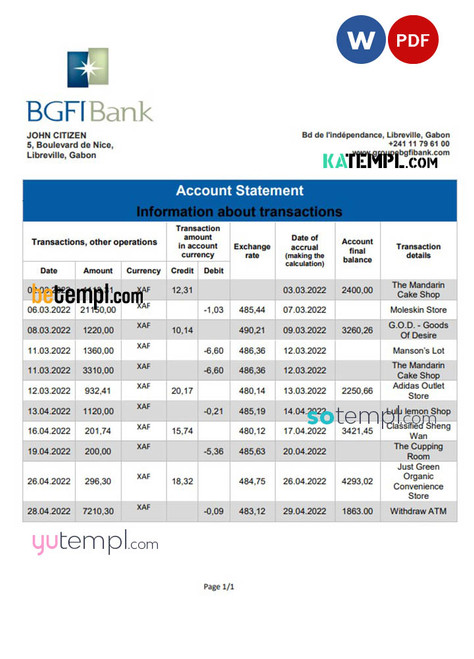 Gabon BGFI bank statement template in Word and PDF format