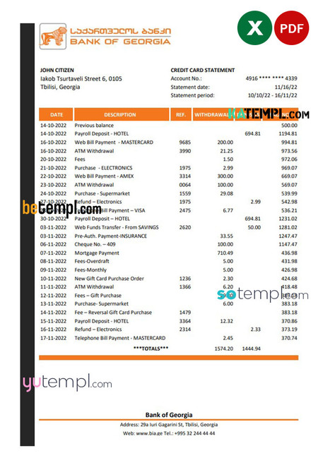 Georgia Bank of Georgia statement Excel and PDF template