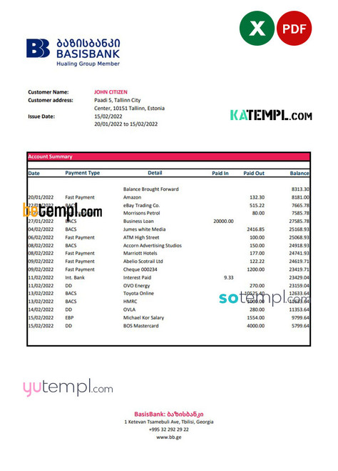 Georgia Basis Bank statement Excel and PDF template