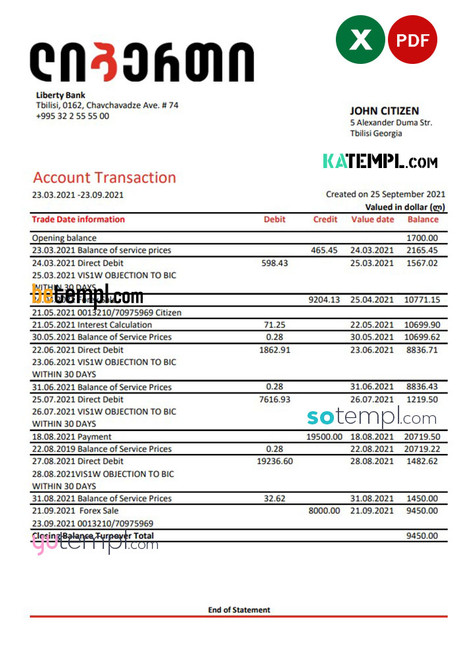 Georgia Liberty Bank statement easy to fill template in Excel and PDF format
