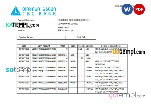 Georgia TBC bank proof of address statement template in Word and PDF format, fully editable