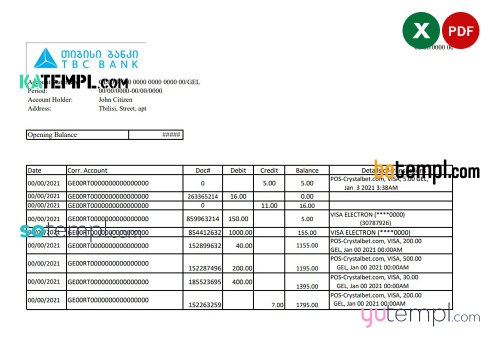 Georgia TBC Bank statement easy to fill template in Excel and PDF format