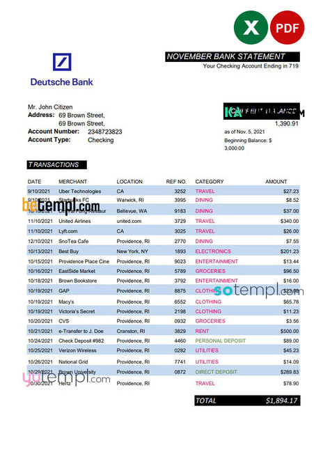 Germany Deutsche bank statement easy to fill template in Excel and PDF format