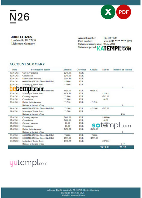 Germany N26 bank statement template in Excel and PDF format