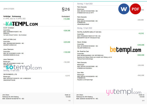 Germany N26 bank statement, Word and PDF template, 5 pages (in German language)