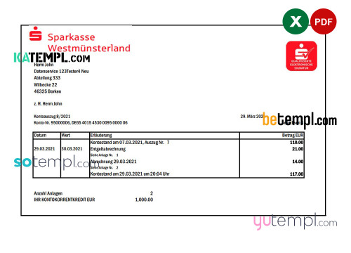 Germany Sparkasse Westmunsterland proof of address bank statement template in Excel and PDF format