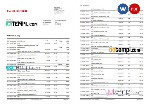 Germany Swiss Bank statement template in Word and PDF format in German language, 5 pages