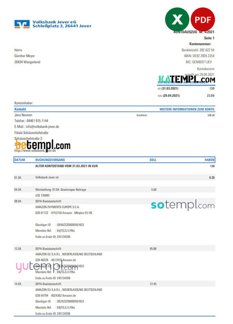 Germany Volksbank Jever statement template in Excel and PDF format