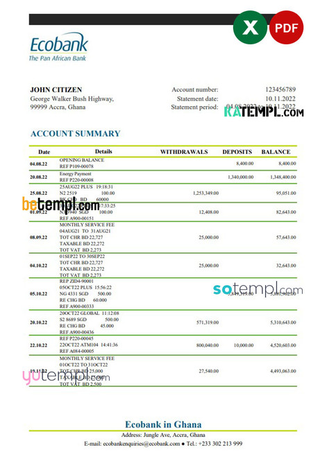 Ghana Ecobank bank statement Excel and PDF template