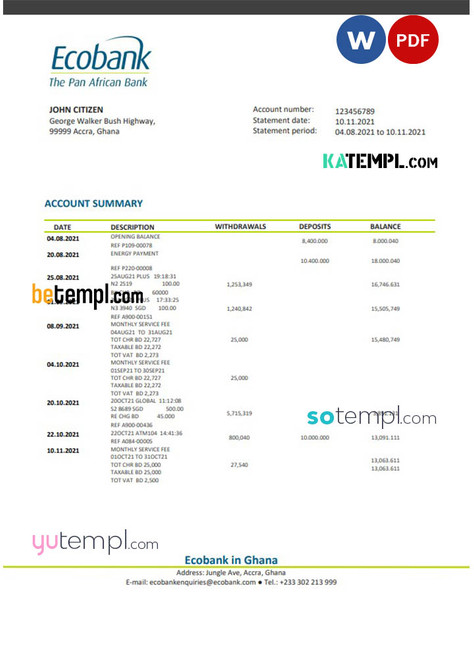 Ghana Ecobank proof of address bank statement template in Word and PDF format