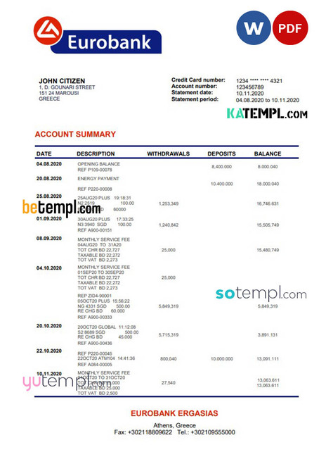 Greece Eurobank Ergasias proof of address bank statement template in Word and PDF format, .doc and .pdf format